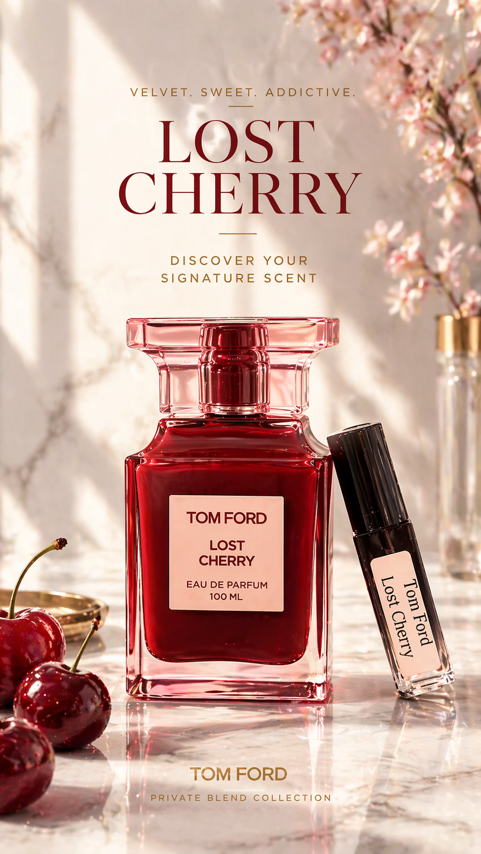 Tom Ford Lost Cherry perfume bottle with cherry elements on a marble surface